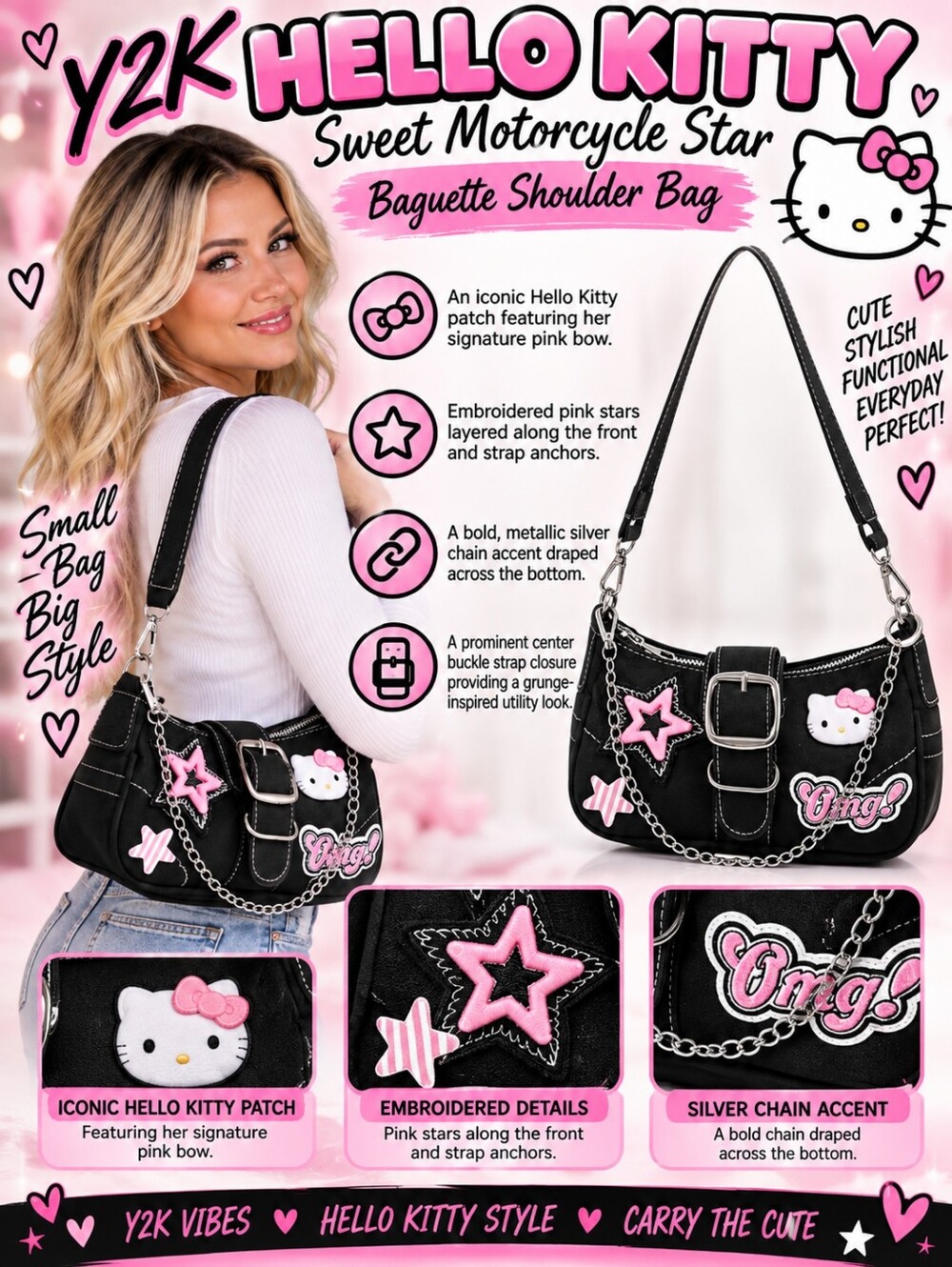Y2K Hello Kitty Gothic Punk Baguette Shoulder Bag